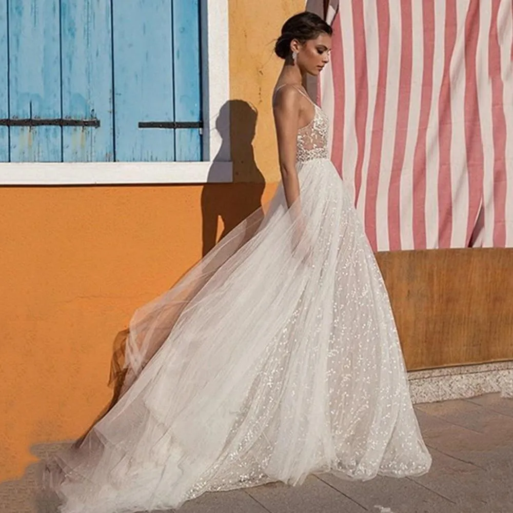 Boho Beading Lace Beach Wedding Dress