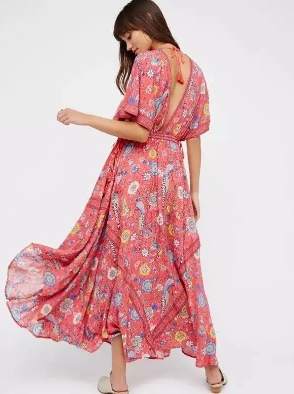 Boho Vibes Floral Print Plunging Neck Maxi Dress