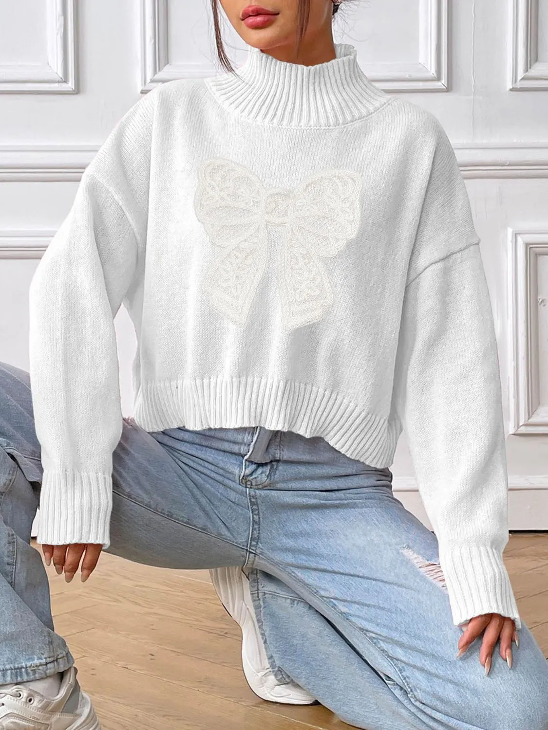 Bow Turtleneck Long Sleeve Sweater