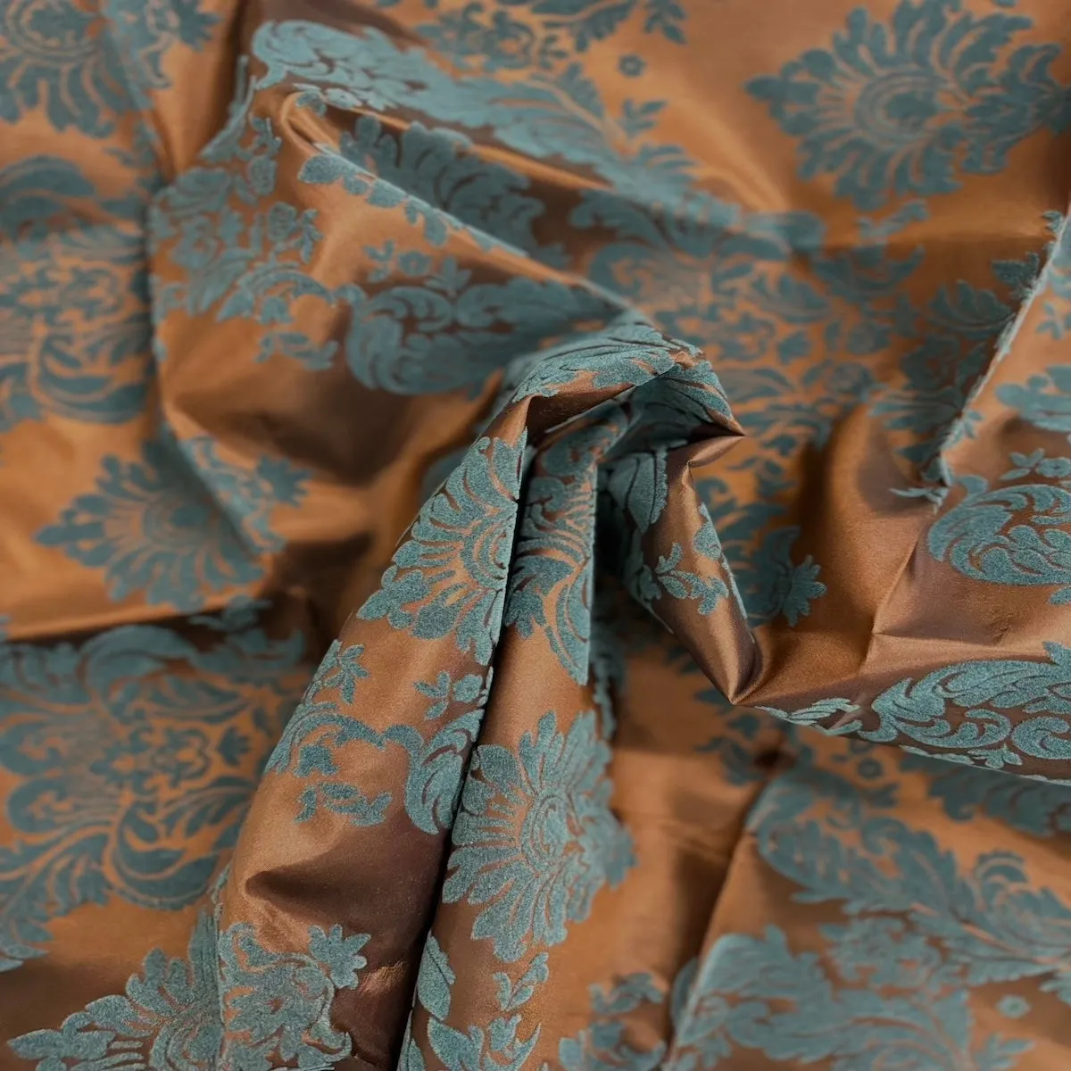 Brown | Aqua Blue Damask Flocking Velvet Taffeta Fabric