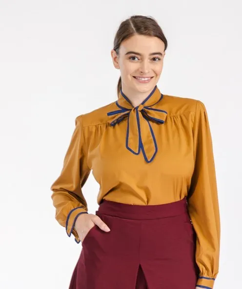 Caramel Top with a Blue Striped Bow Collar by Tulip B.