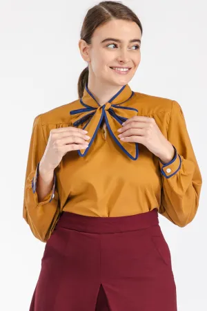 Caramel Top with a Blue Striped Bow Collar by Tulip B.