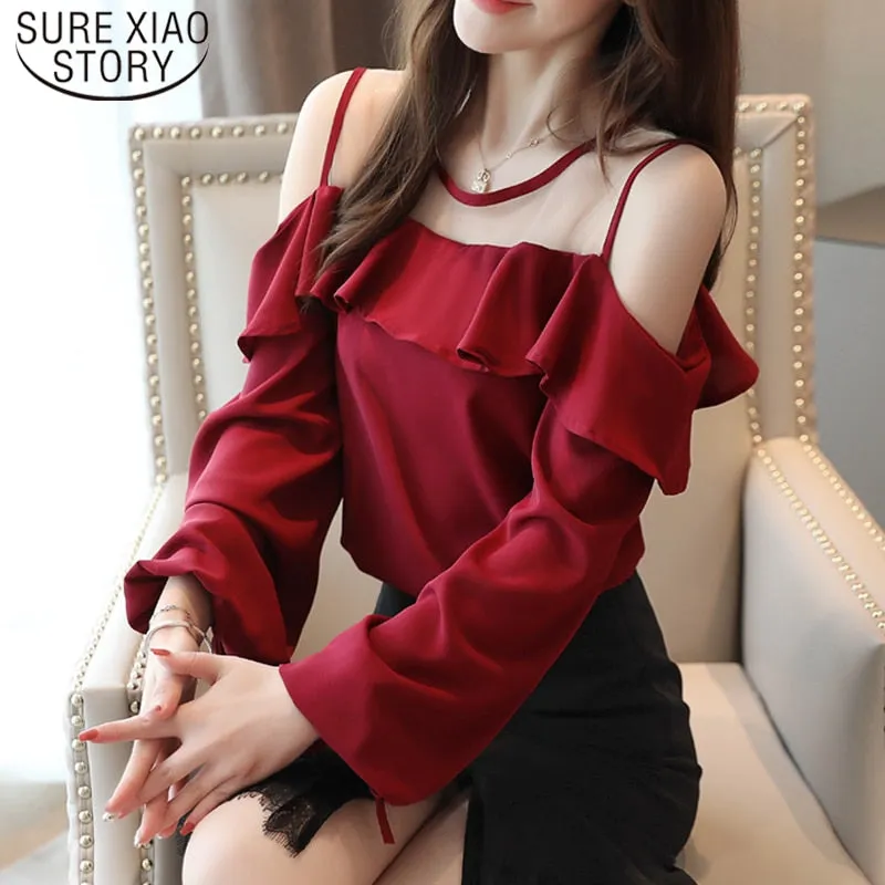 Casual Off Shoulder Tops Solid Long Sleeve Chiffon Blouse Blusas Mujer De Moda 2022 Autumn Women Tops and Blouse  6756 50