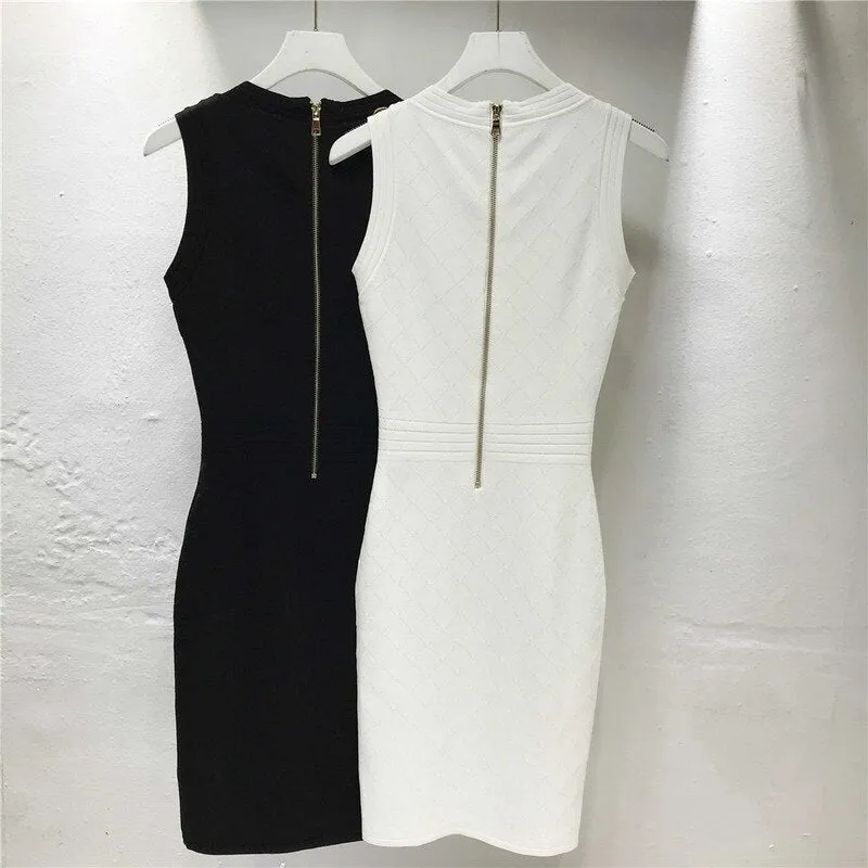 Casual White Black Knitted Dresses for Women 2022 Summer Luxury Designer Elegant Pencil Slim Dress Gold Buttons Robe Femme