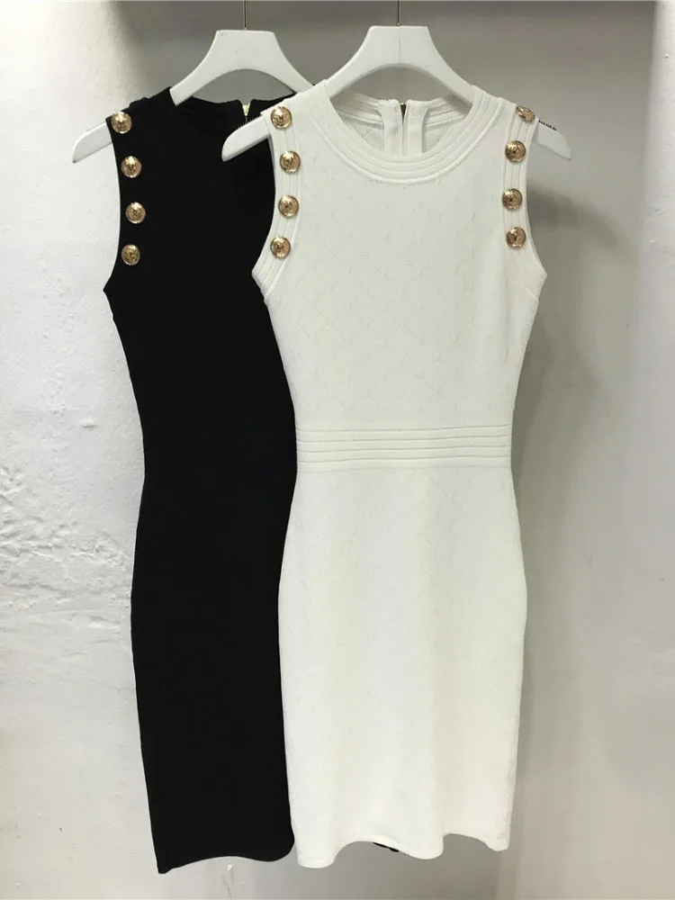 Casual White Black Knitted Dresses for Women 2022 Summer Luxury Designer Elegant Pencil Slim Dress Gold Buttons Robe Femme