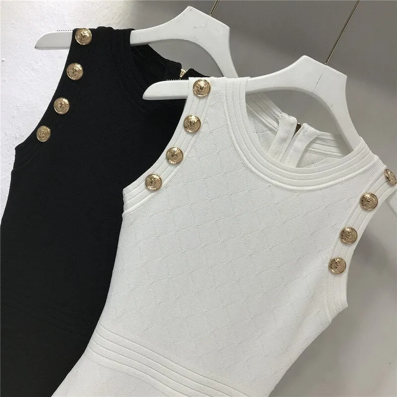 Casual White Black Knitted Dresses for Women 2022 Summer Luxury Designer Elegant Pencil Slim Dress Gold Buttons Robe Femme