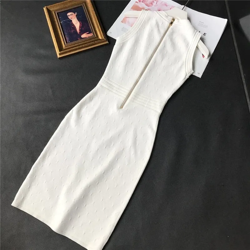 Casual White Black Knitted Dresses for Women 2022 Summer Luxury Designer Elegant Pencil Slim Dress Gold Buttons Robe Femme