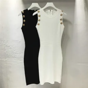 Casual White Black Knitted Dresses for Women 2022 Summer Luxury Designer Elegant Pencil Slim Dress Gold Buttons Robe Femme