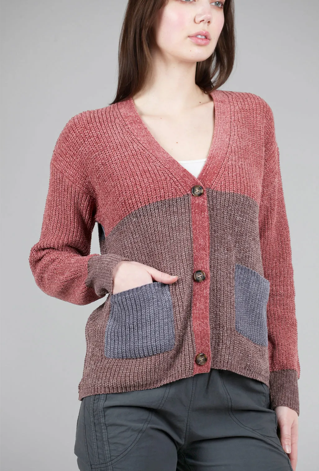 Chenille Color-Block Cardie, Deep Rose