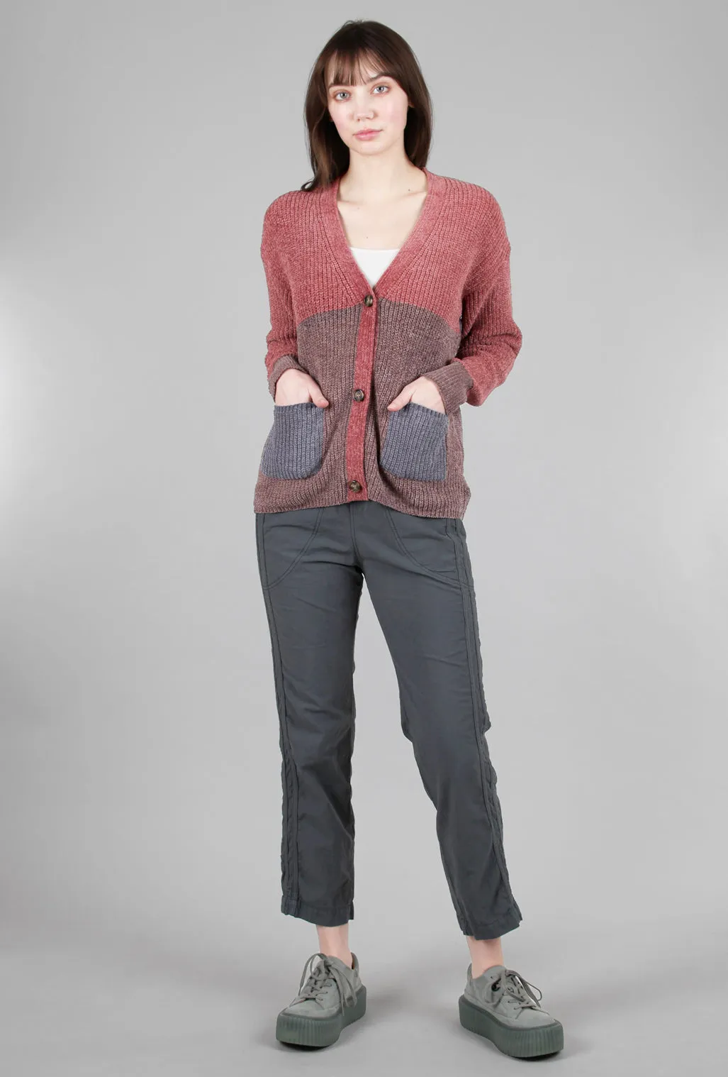 Chenille Color-Block Cardie, Deep Rose