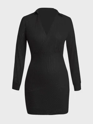 Deep V-Neck Long Sleeve Sequined Mini Dress (Black)