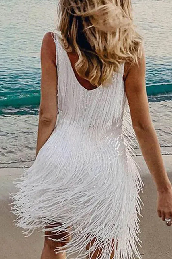 Deep V Sleeveless Fringed Midi Skirt