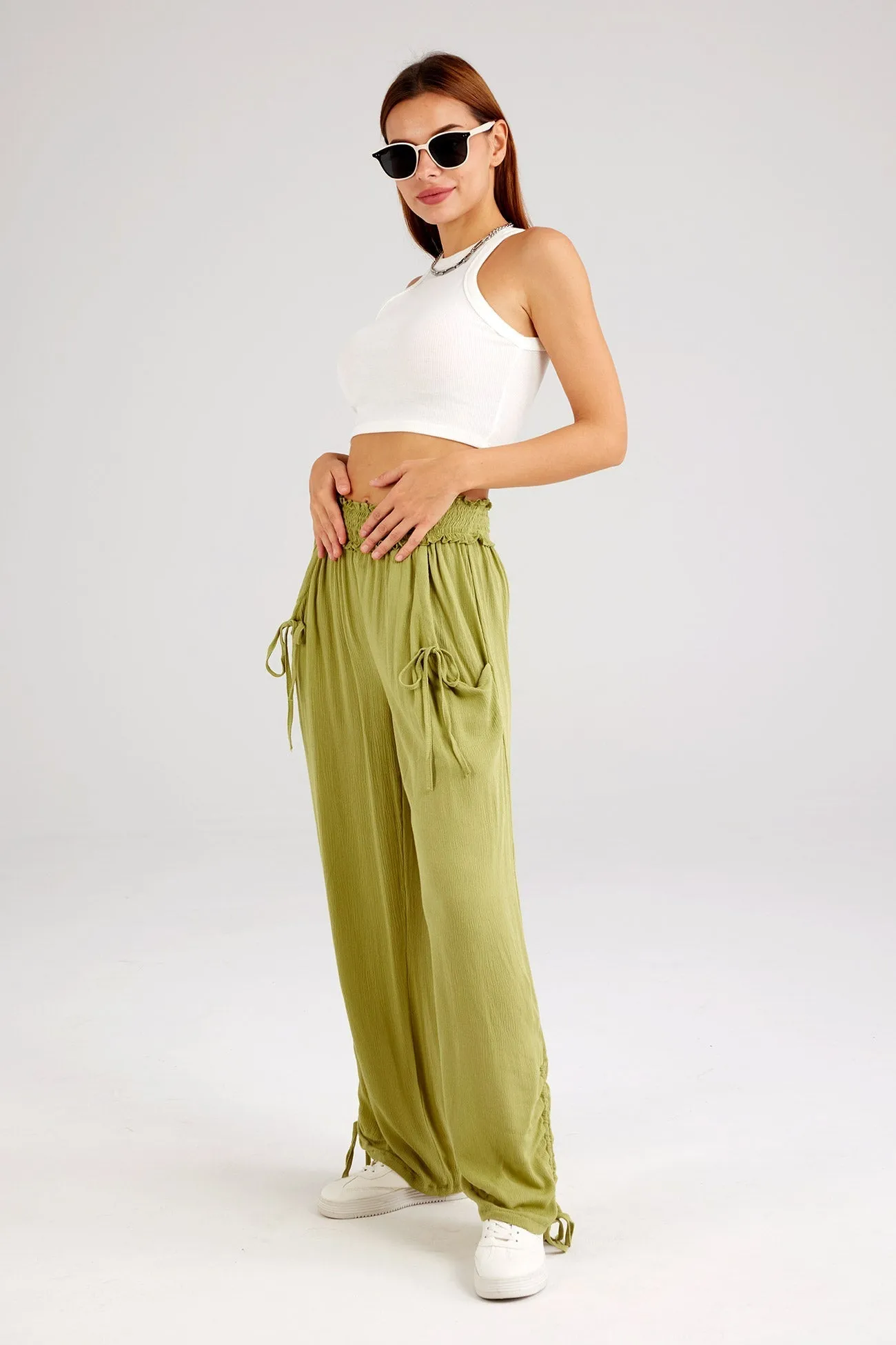 Drawstring Shirred Waist Wide Leg Trousers