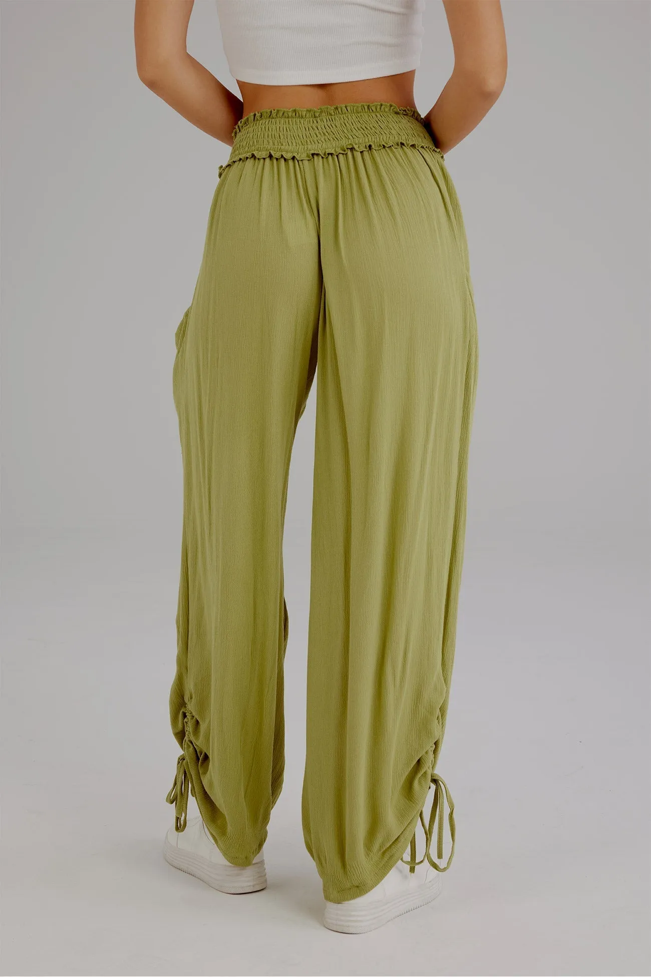 Drawstring Shirred Waist Wide Leg Trousers