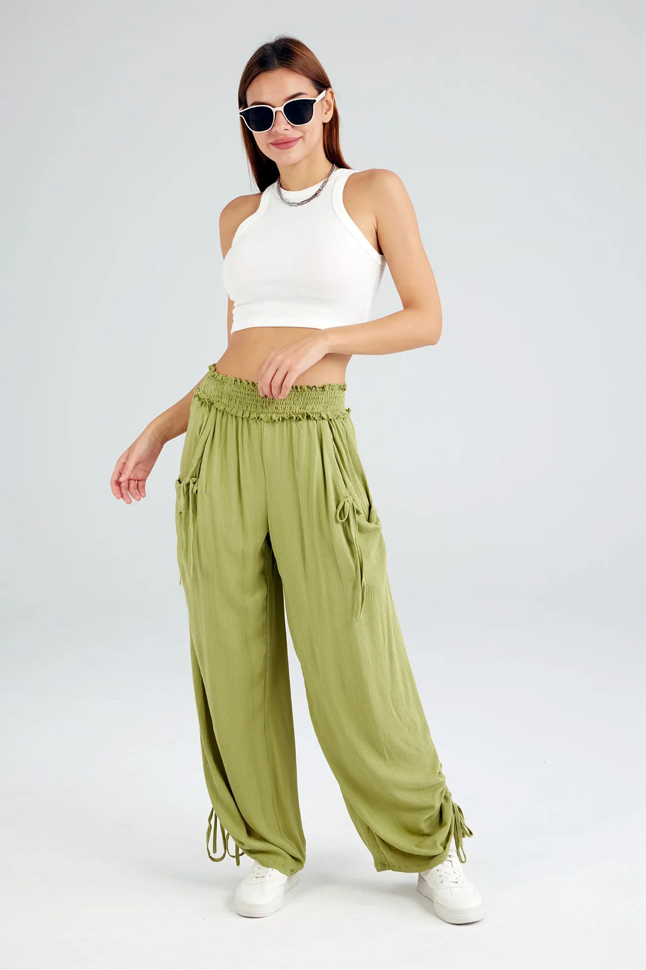 Drawstring Shirred Waist Wide Leg Trousers