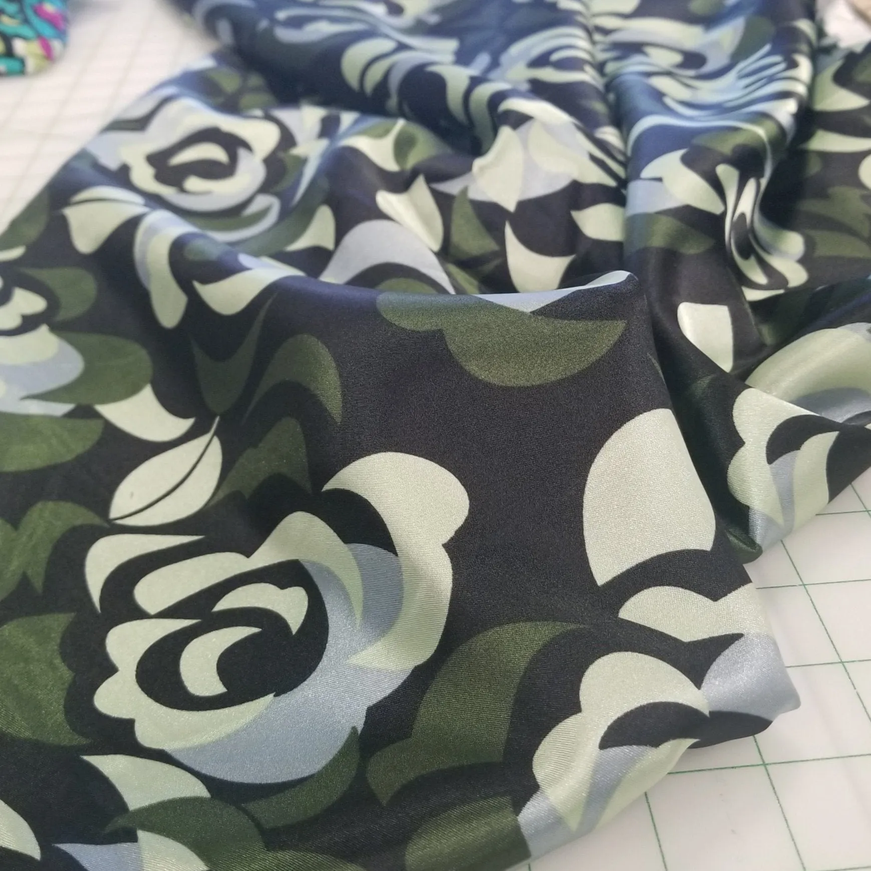 End of Bolt: 3 yards Black and Olive Florals Satin Charmeuse Woven- Remnant