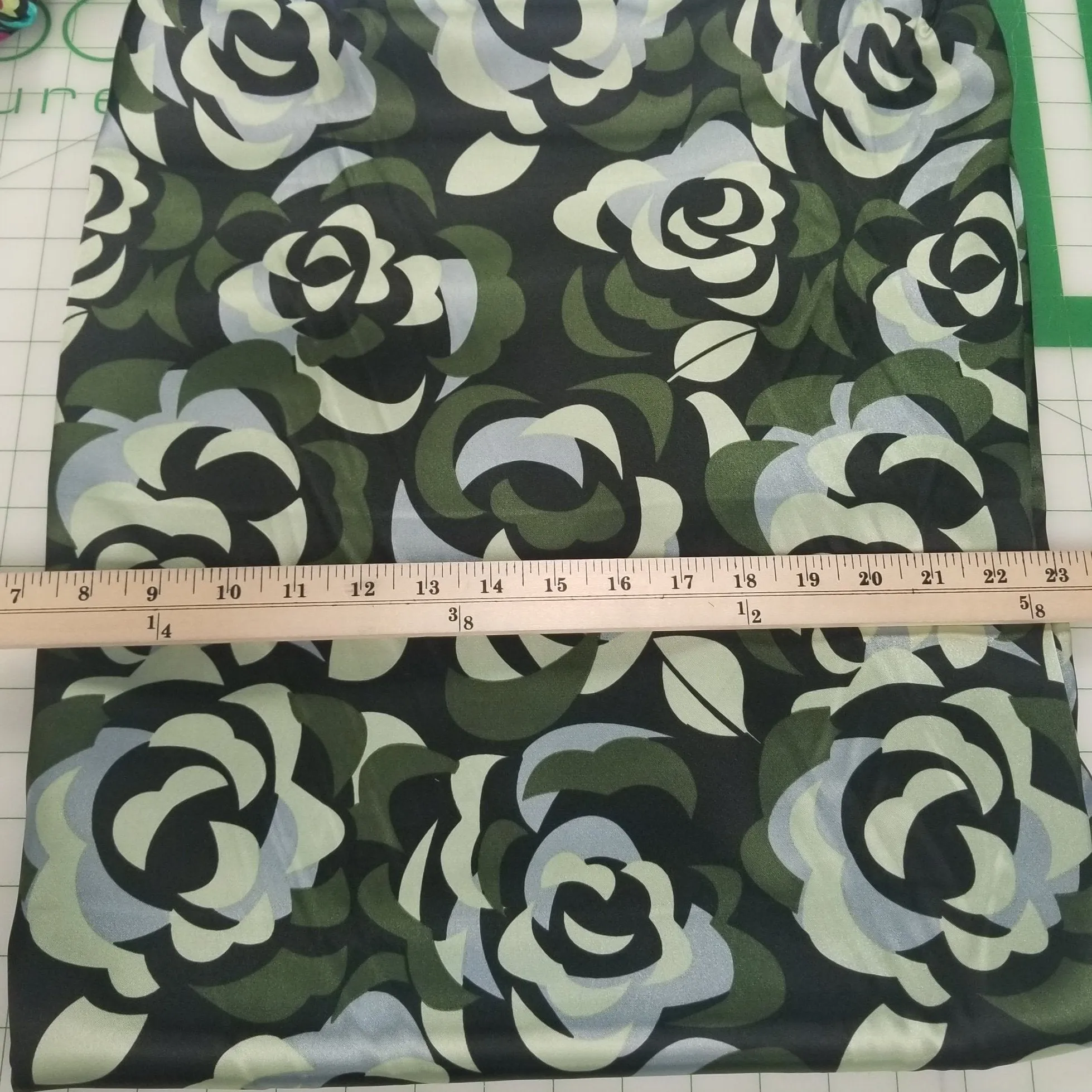 End of Bolt: 3 yards Black and Olive Florals Satin Charmeuse Woven- Remnant