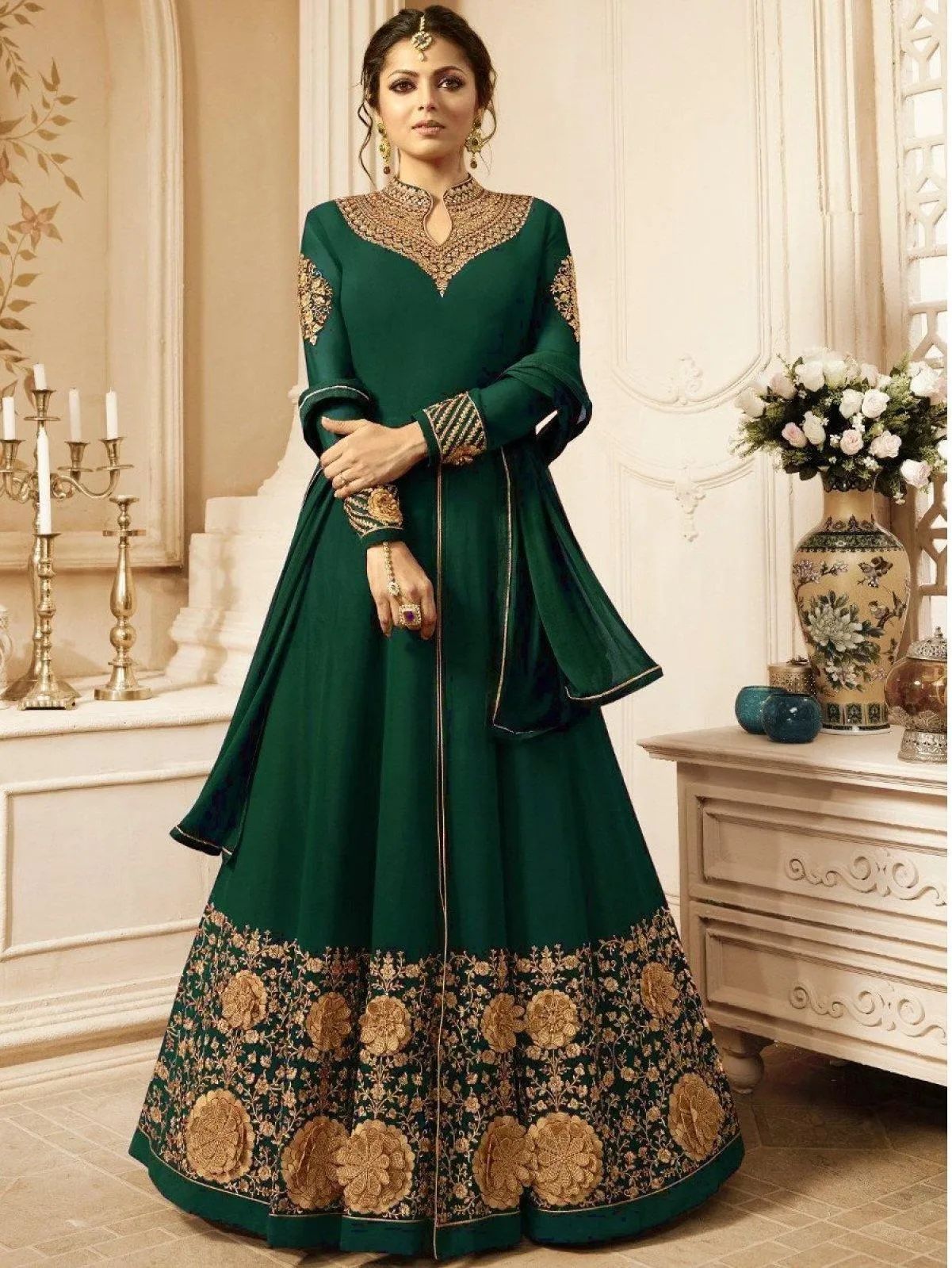 Green Colored Semi Stitched Georgette Suit