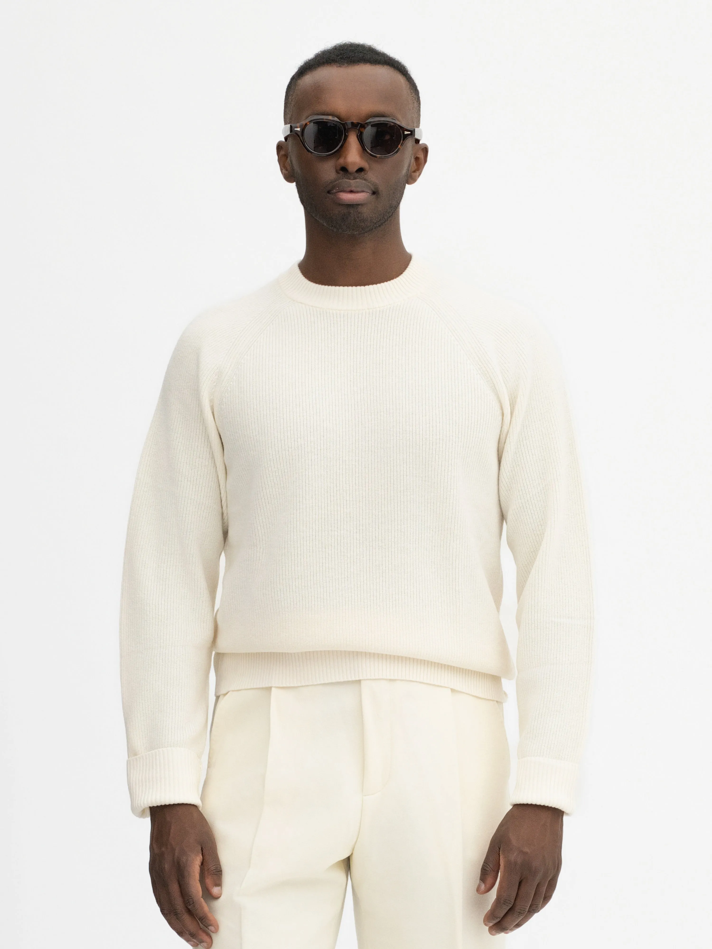 Ivory Merino Wool Cashmere Raglan Crewneck