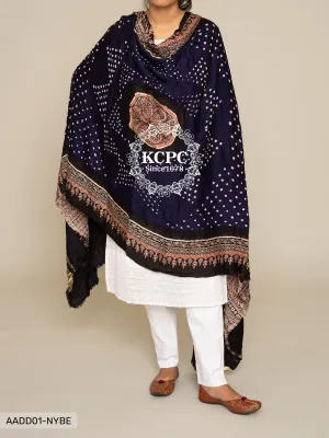 KCPC Pure Gaji Silk Ajrakh Bandhani Dupatta, DR, KC Navy Blue