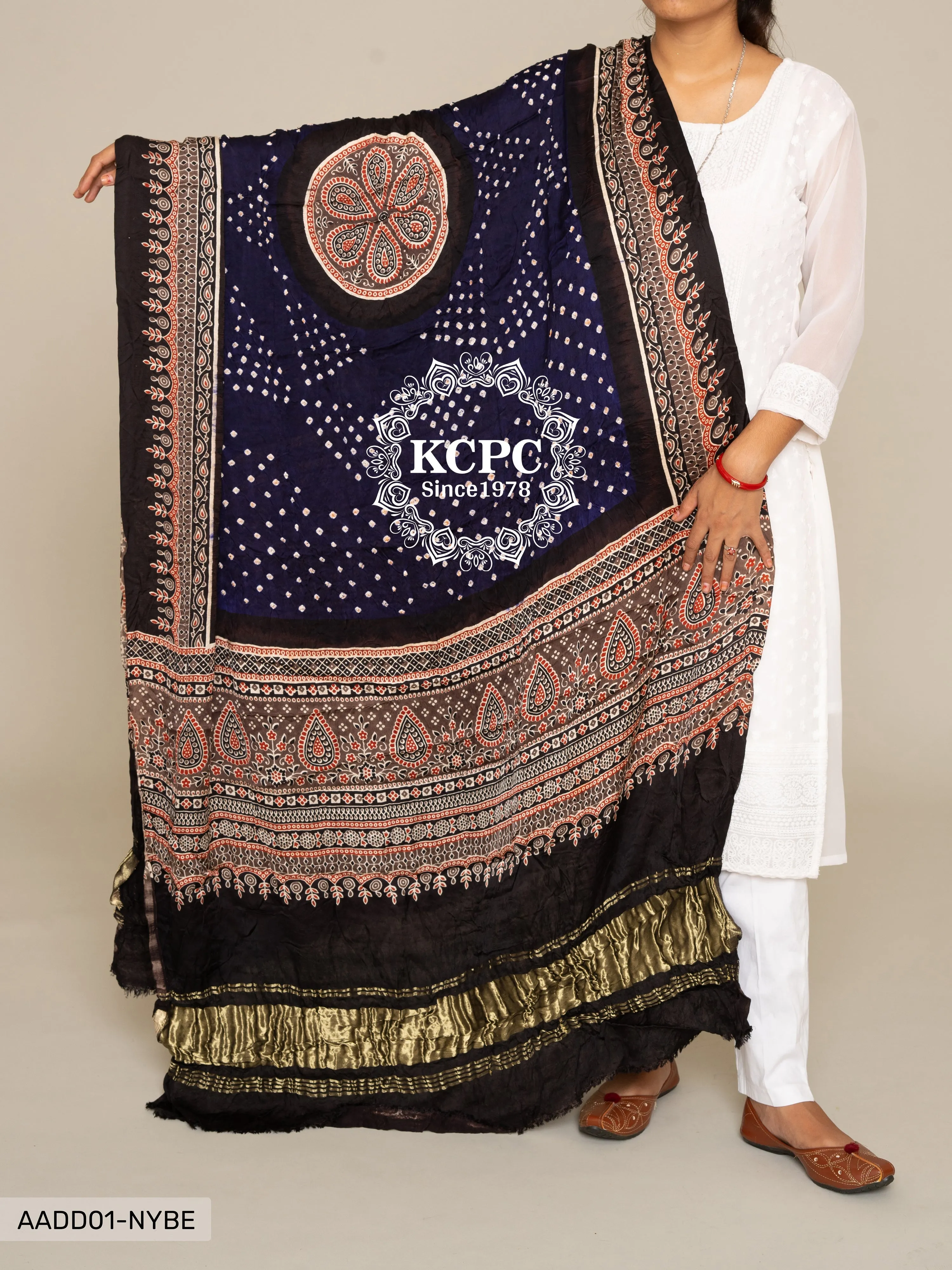 KCPC Pure Gaji Silk Ajrakh Bandhani Dupatta, DR, KC Navy Blue