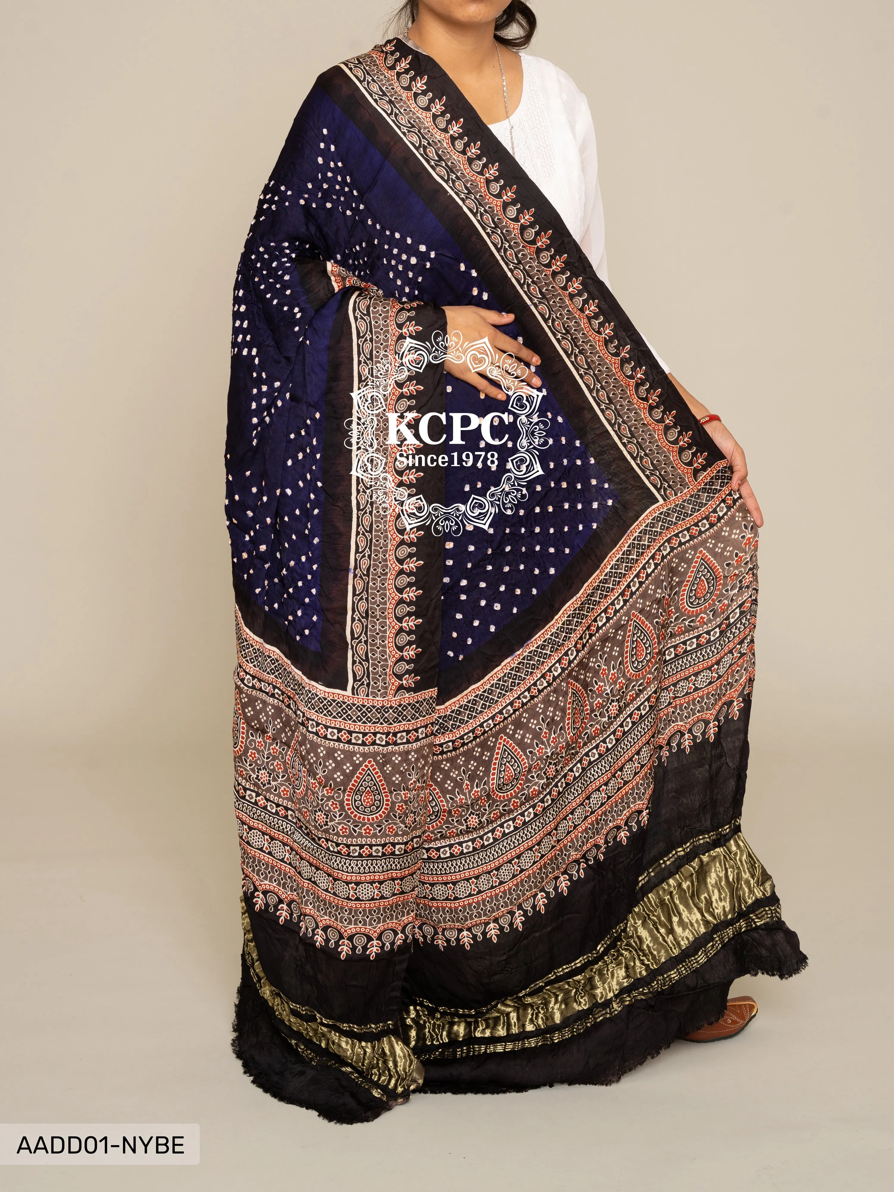 KCPC Pure Gaji Silk Ajrakh Bandhani Dupatta, DR, KC Navy Blue