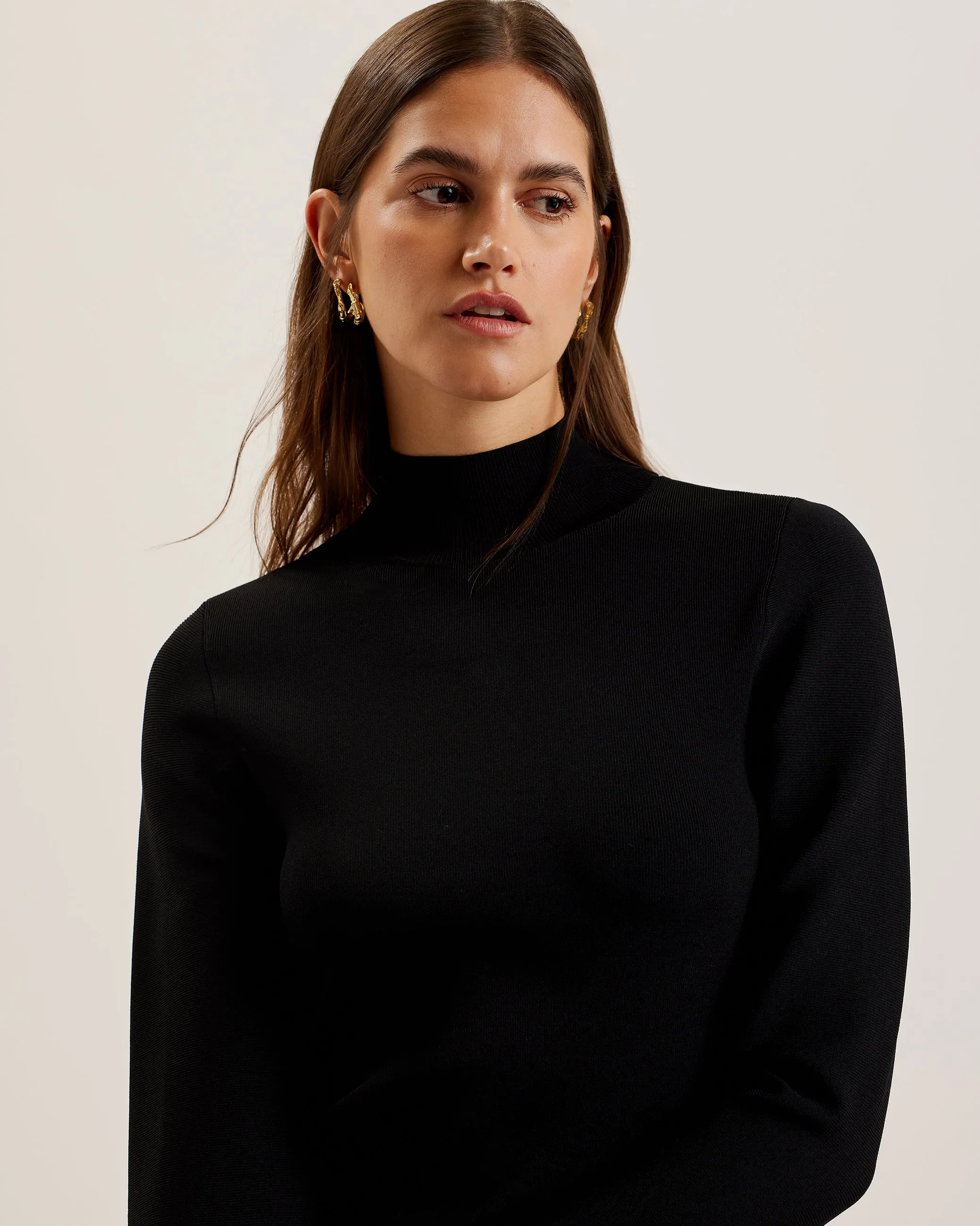 Laynha High Neck Knitted Frill Sleeve Top Black