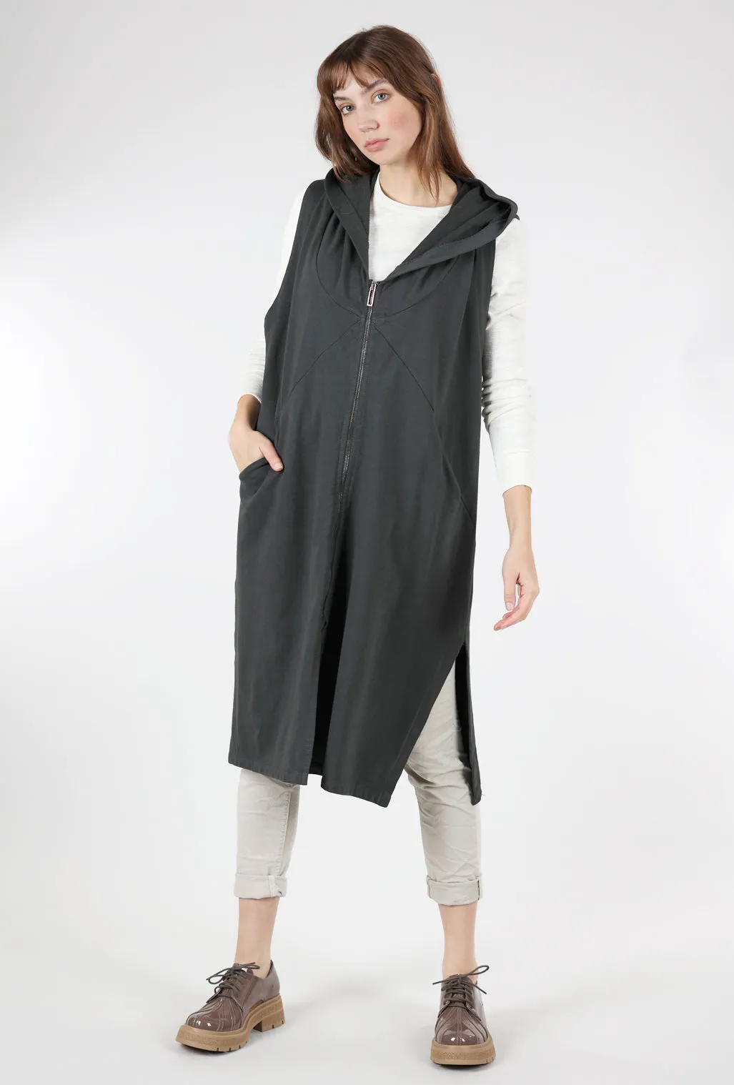 Long Hooded Zip-Up Vest, Charcoal