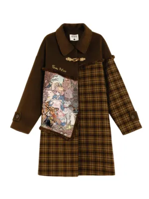 Maillard Plaid Stitched Loose Fit Oil Painting Drape Coat