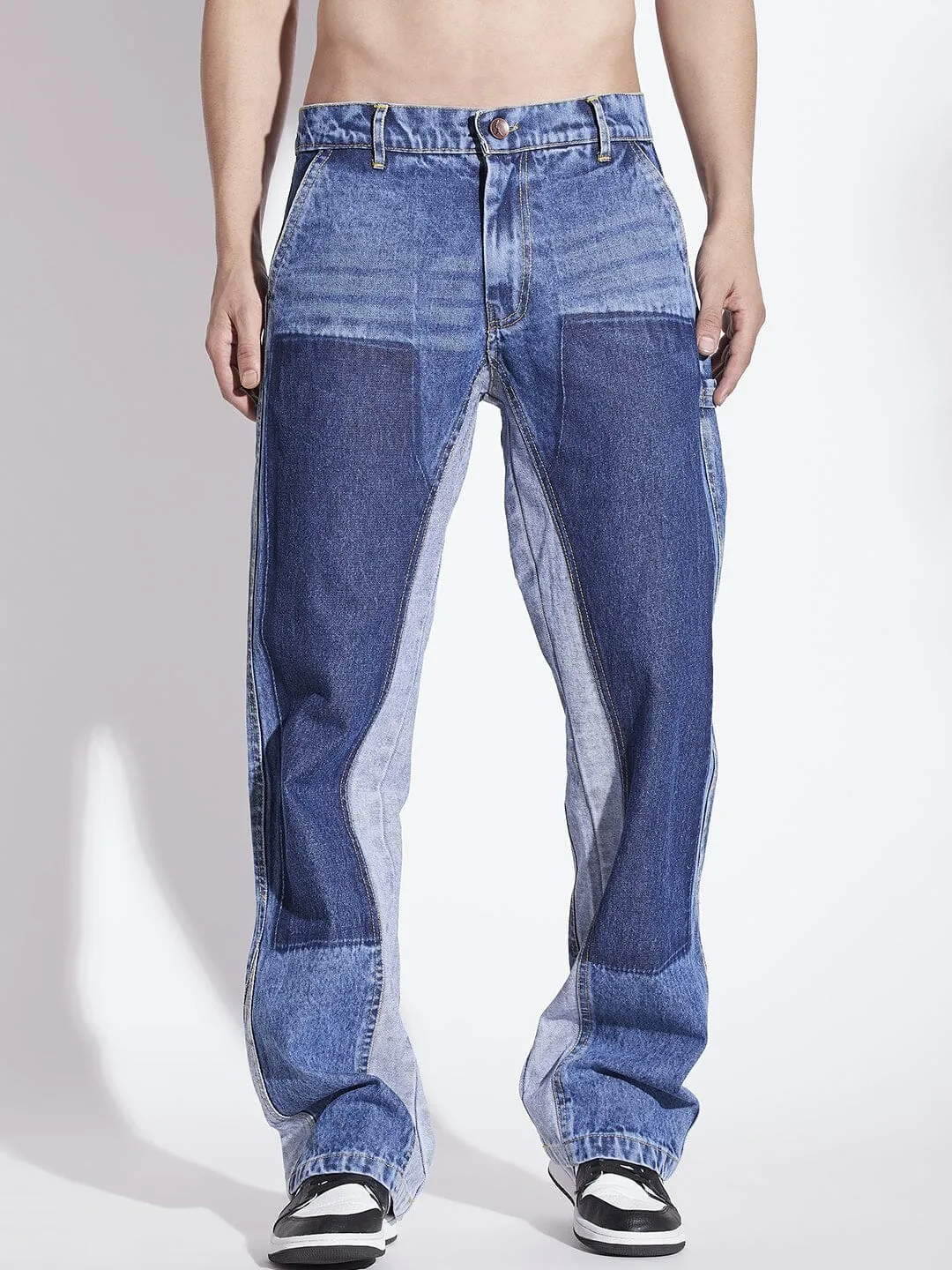 Mid Blue Contrast Panel Flared Denim