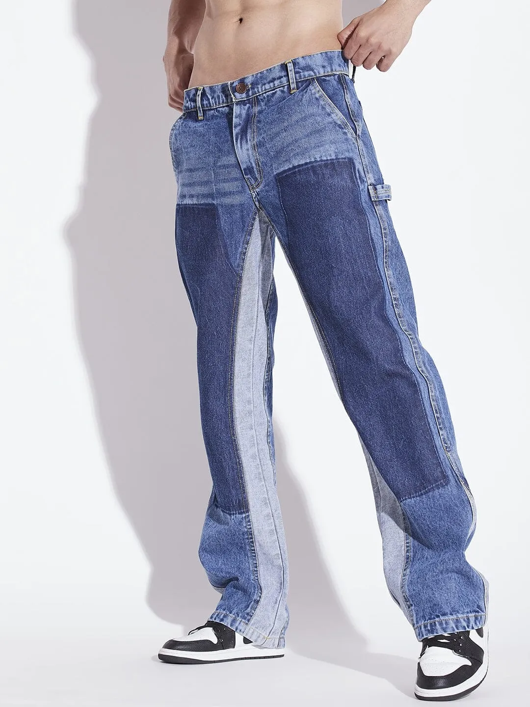 Mid Blue Contrast Panel Flared Denim