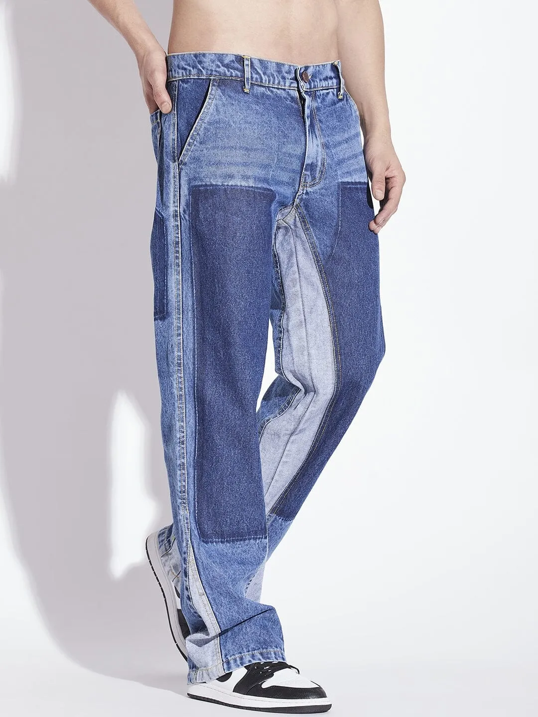 Mid Blue Contrast Panel Flared Denim