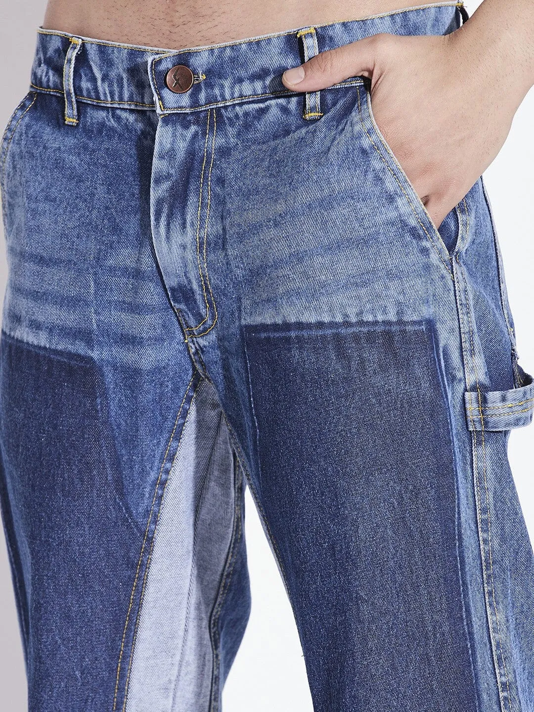 Mid Blue Contrast Panel Flared Denim