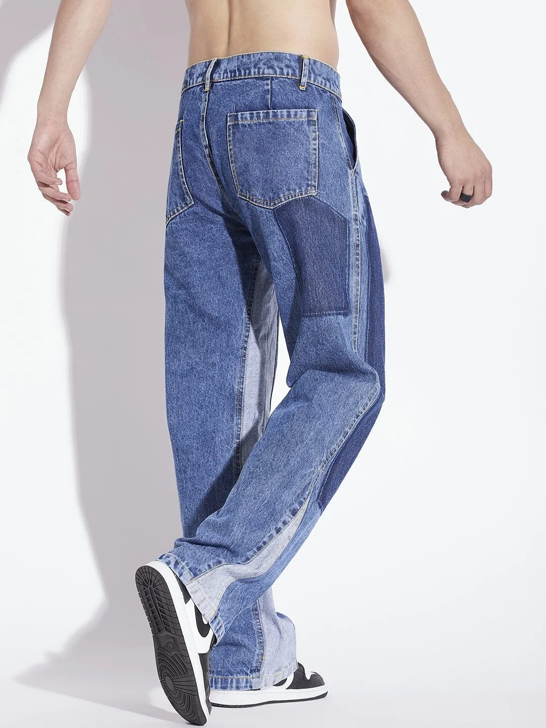 Mid Blue Contrast Panel Flared Denim