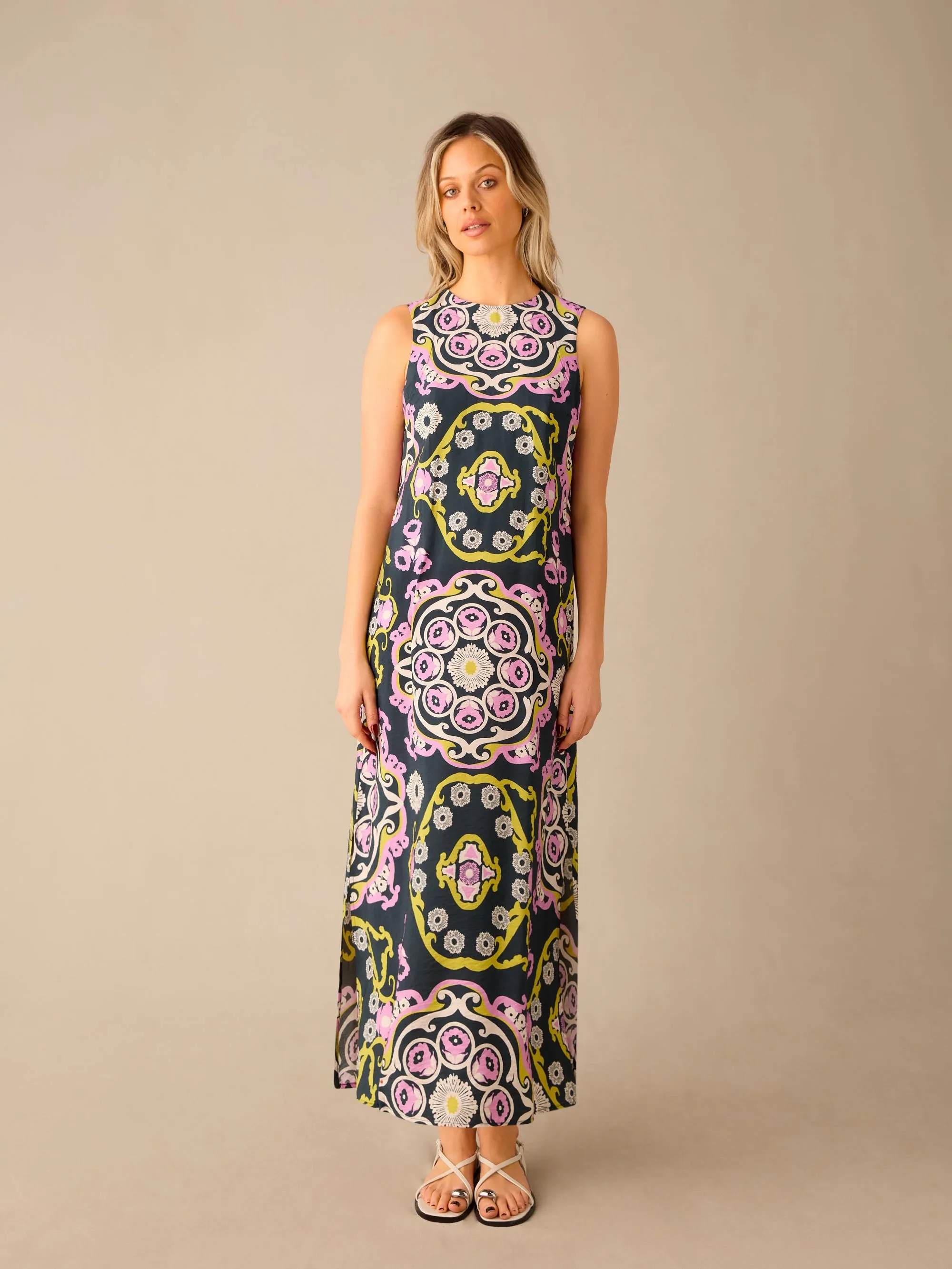 Multi Geo Print Tie Belt Dress