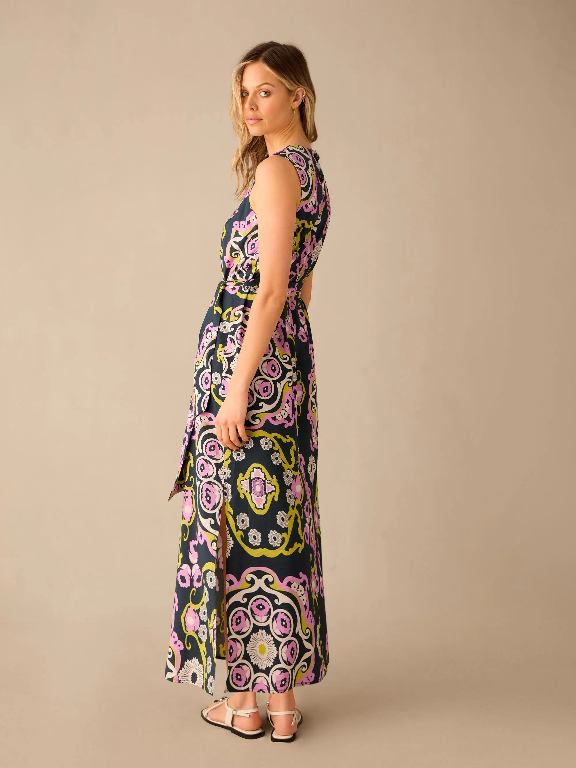 Multi Geo Print Tie Belt Dress