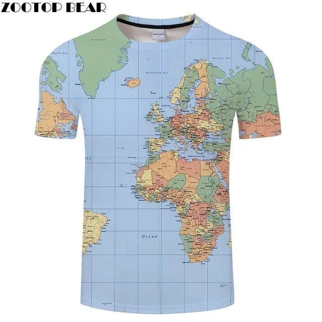 Ocean World Map 3D Print t shirt Travel