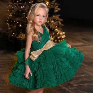 Puffy Glitter Green Sleeveless Girls Princess Dress