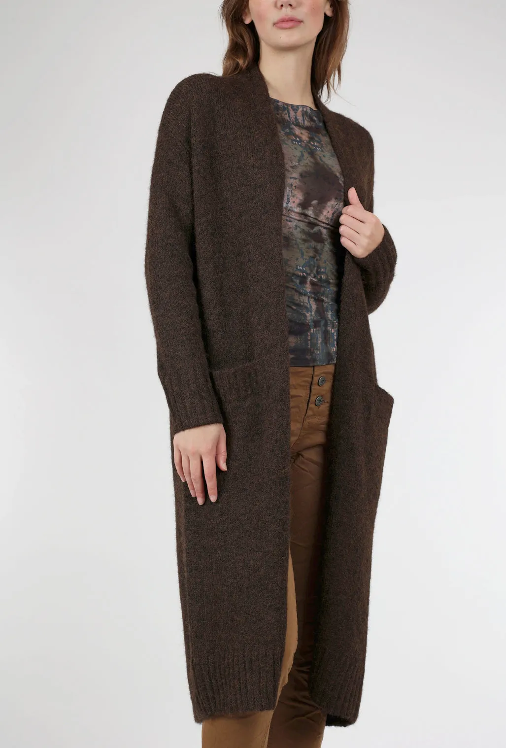 Rib-Detail Duster Cardigan, Brown