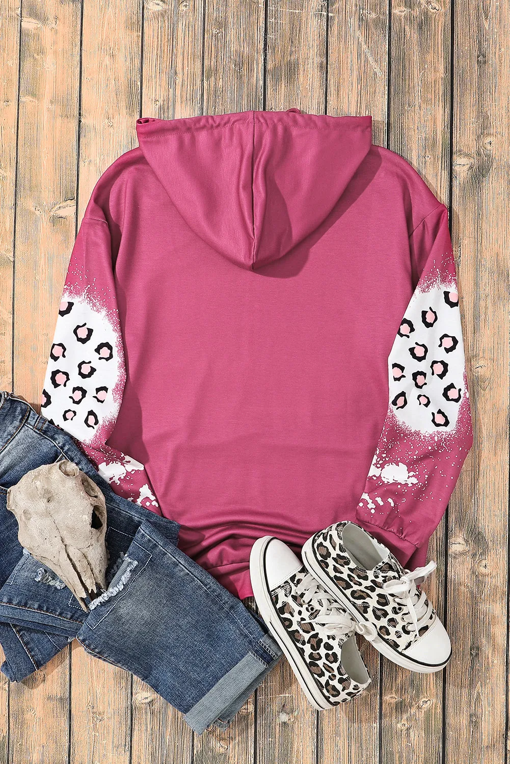 Rose Leopard Bleached Hoodie with Pocket