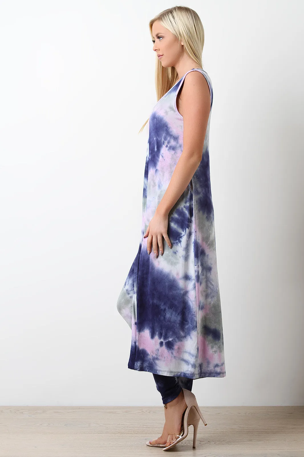 Sleeveless Tie Dye Long Line Cardigan