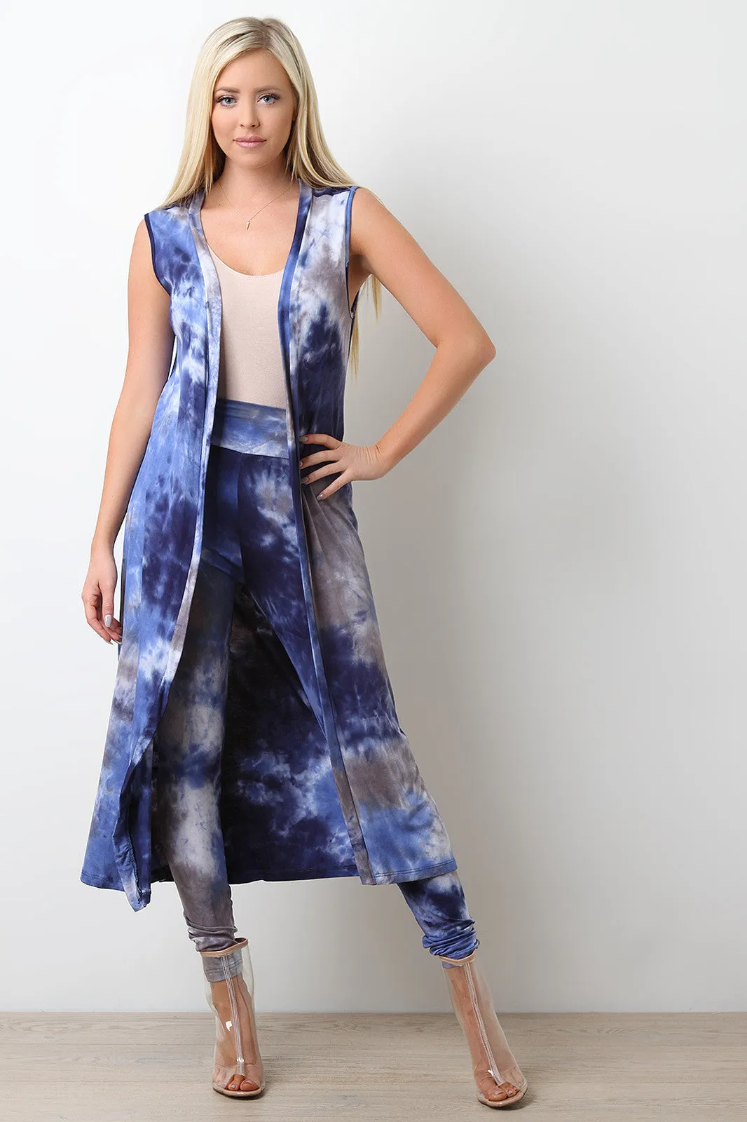 Sleeveless Tie Dye Long Line Cardigan