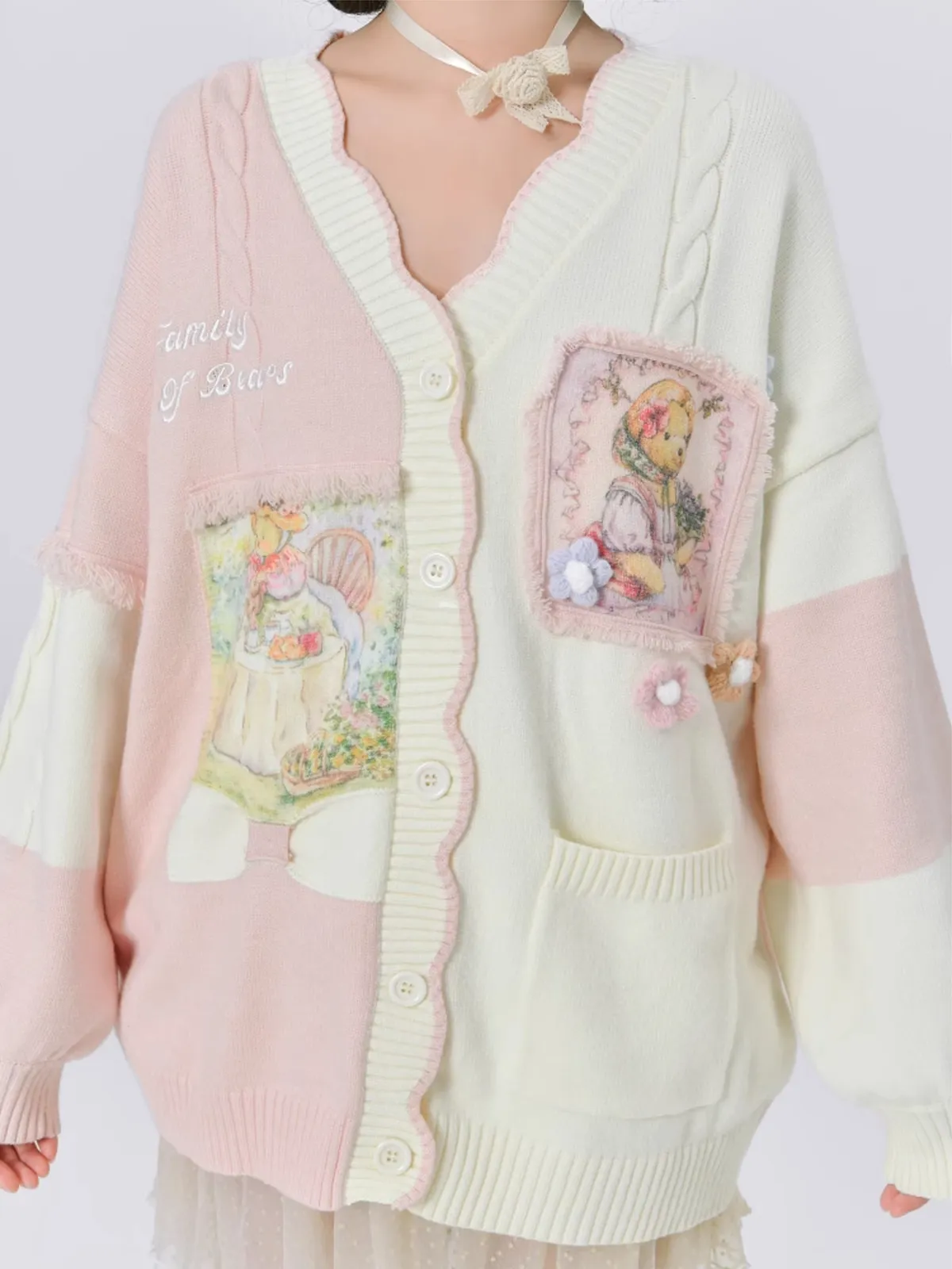 Soft and Cute Family of Bears Two-Tone Knitted Cardigan & Lace Collar