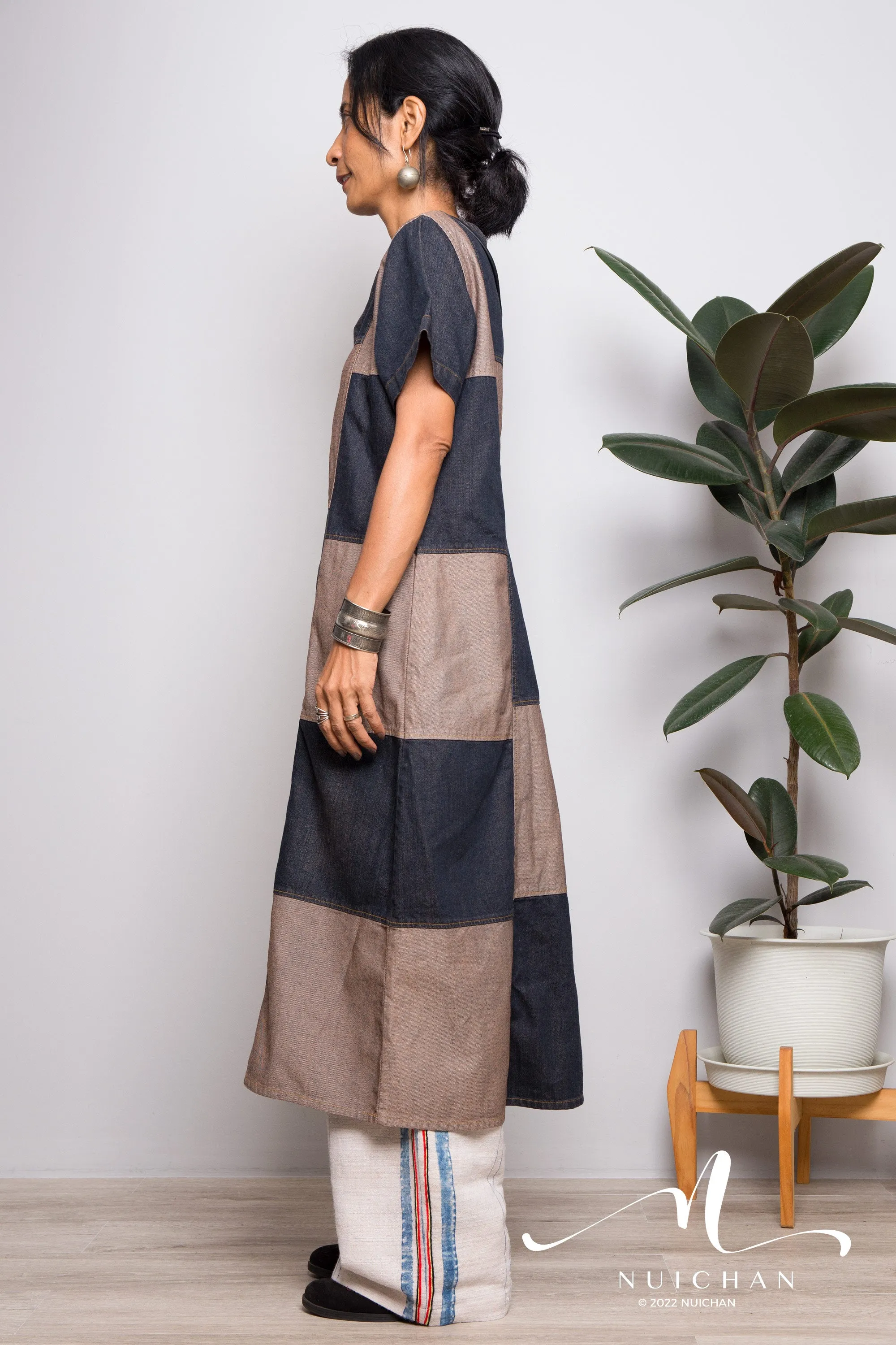 Stonewashed patchwork denim dress