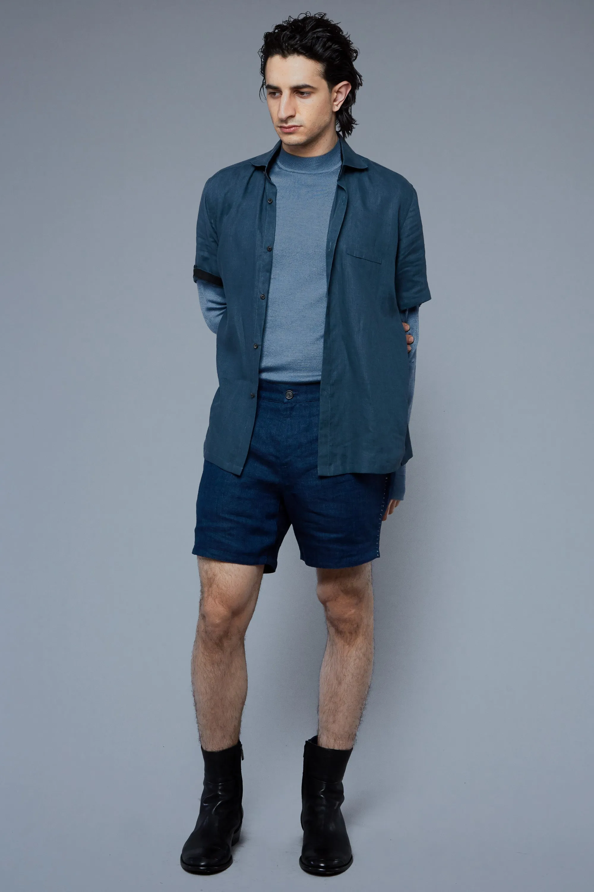 Tab Shorts | Blue Herringbone