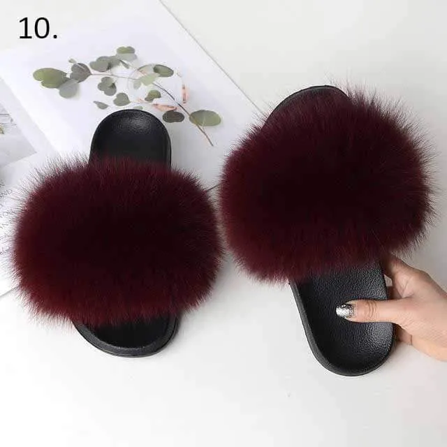 Women Casual Real Fox Fur Slippers