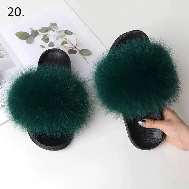 Women Casual Real Fox Fur Slippers