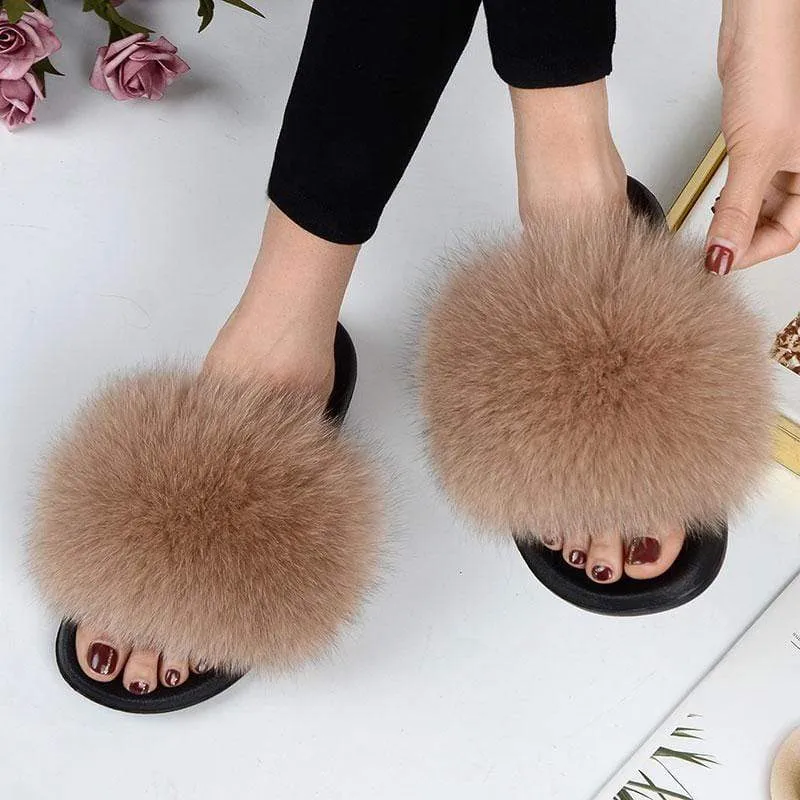 Women Casual Real Fox Fur Slippers