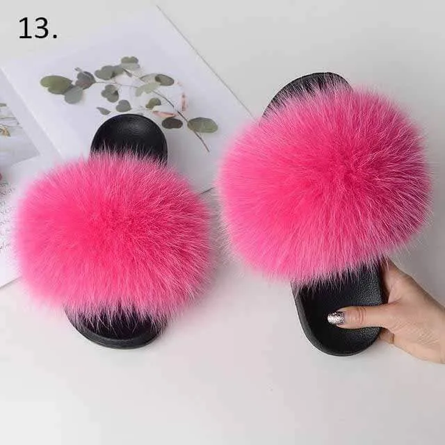 Women Casual Real Fox Fur Slippers