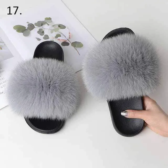 Women Casual Real Fox Fur Slippers